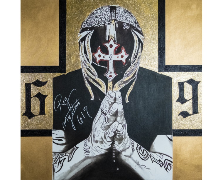 Painting of Rey Mysterio between gold numbers 6 and 19 with his autograph, by Kim Parrent