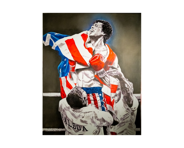 Painting of Rocky Balboa draped in the American flag, by Kim Parrent