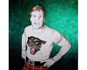 Painting of Roddy Piper in a kilt and panther T-shirt on green glitter, by Kim Parrent