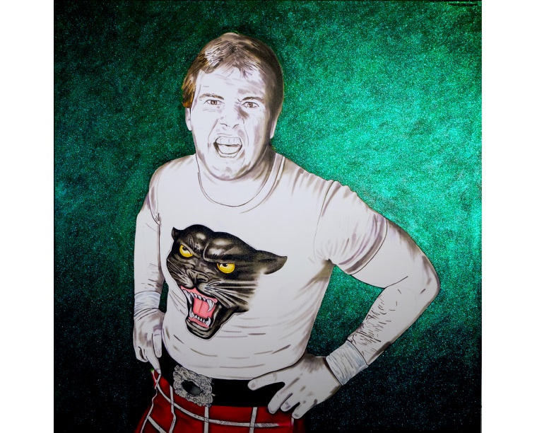 Painting of Roddy Piper in a kilt and panther T-shirt on green glitter, by Kim Parrent