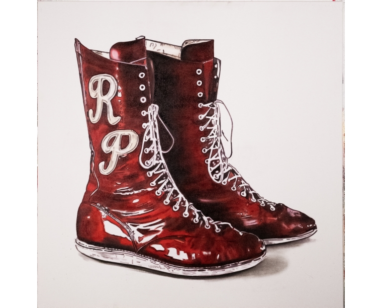 Painting of Roddy Piper's red boots marked RP, by Kim Parrent