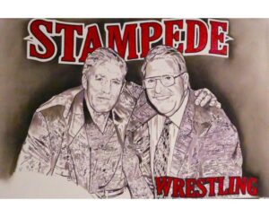 Painting of Ed Whalen and Stu Hart with the Stampede Wrestling logo, by Kim Parrent