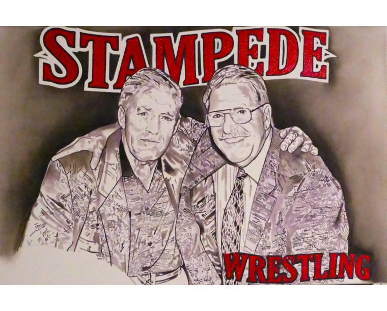 Painting of Ed Whalen and Stu Hart with the Stampede Wrestling logo, by Kim Parrent