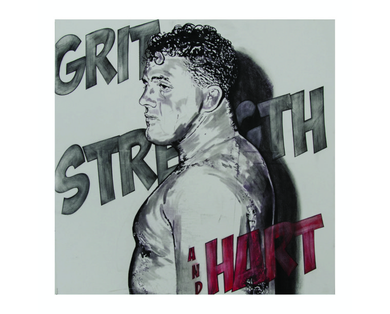 Painting of Stu Hart with the words Grit Strength and Hart, by Kim Parrent