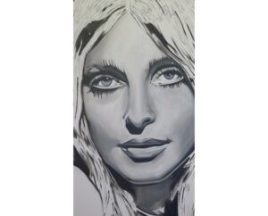 Grey-toned painting of Sharon Tate with long hair, by Kim Parrent