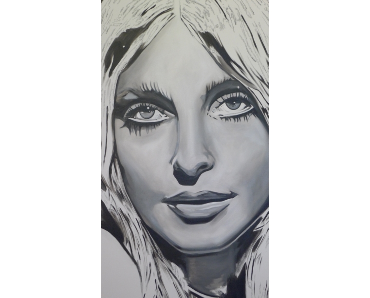 Grey-toned painting of Sharon Tate with long hair, by Kim Parrent