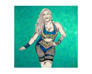 Painting of Taya Valkyrie laughing on teal glitter, by Kim Parrent