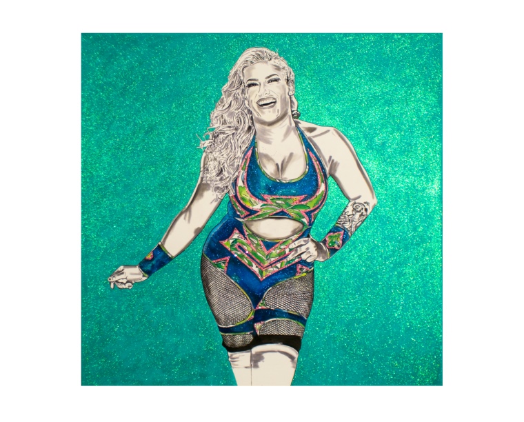 Painting of Taya Valkyrie laughing on teal glitter, by Kim Parrent