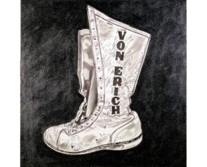 Painting of a white Von Erich wrestling boot, by Kim Parrent