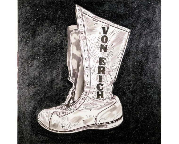 Painting of a white Von Erich wrestling boot, by Kim Parrent