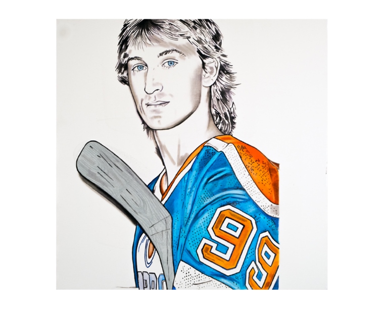 Painting of Wayne Gretzky in an Edmonton Oilers #99 jersey holding a stick, by Kim Parrent