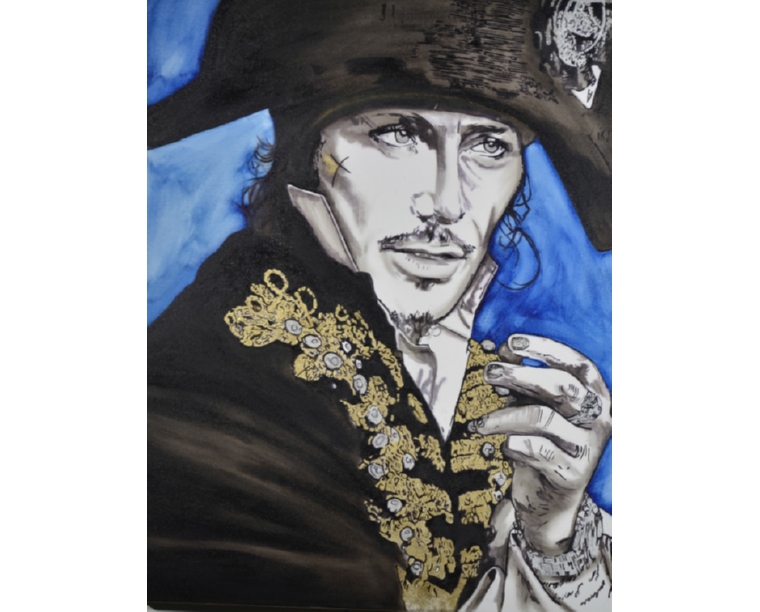 Painting of Adam Ant in a bicorne hat and gold-braided hussar jacket against blue, by Kim Parrent
