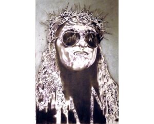 Painting of Al Jourgensen in a crown of thorns and aviator sunglasses in silver and white, by Kim Parrent