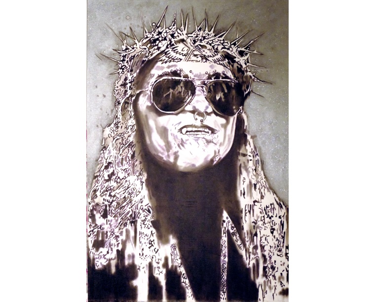Painting of Al Jourgensen in a crown of thorns and aviator sunglasses in silver and white, by Kim Parrent