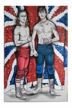 Painting of two wrestlers in red and blue tights on Union Jack glitter, by Kim Parrent