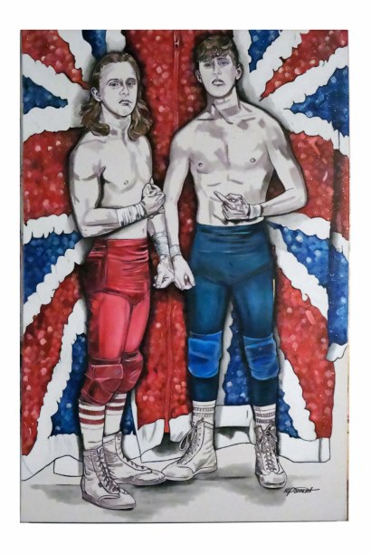 Painting of two wrestlers in red and blue tights on Union Jack glitter, by Kim Parrent