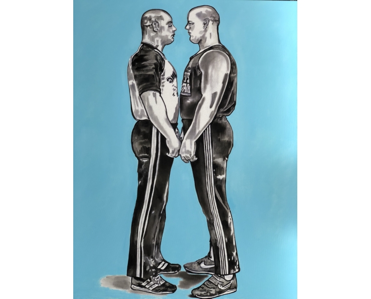 Painting of the Billington Bulldogs, two bald wrestlers face to face on light blue, by Kim Parrent