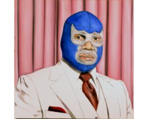 Painting of luchador Blue Demon in a blue mask and white suit before a pink curtain, by Kim Parrent