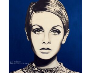 Painting of Twiggy with a pixie cut and dramatic lashes on a cobalt blue background, by Kim Parrent
