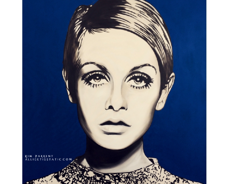 Painting of Twiggy with a pixie cut and dramatic lashes on a cobalt blue background, by Kim Parrent