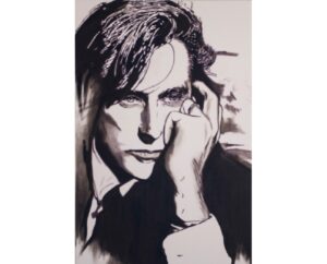 Black and white painting of Bryan Ferry resting his face in his hand, by Kim Parrent