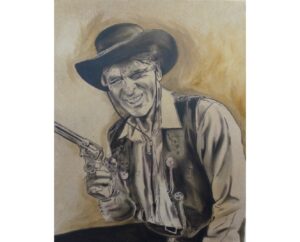 Sepia painting of Burt Lancaster holding a revolver in a western pose, by Kim Parrent