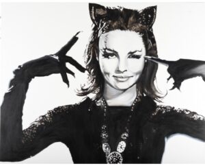 Painting of Catwoman in cat ears and claws with a jewelled pendant, by Kim Parrent