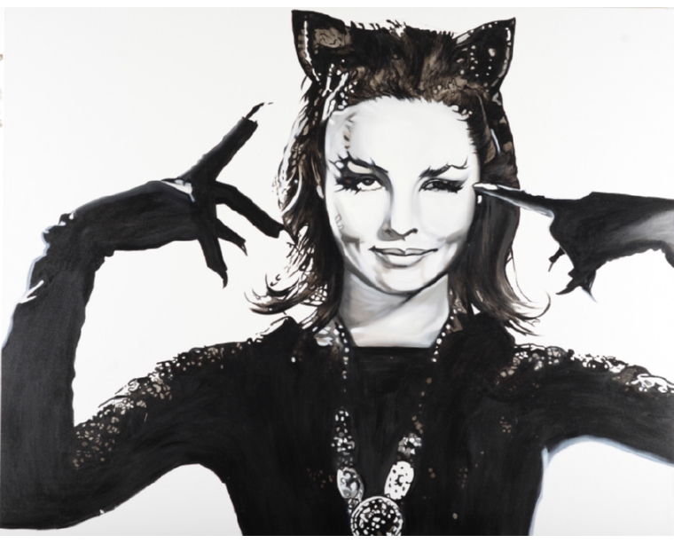 Painting of Catwoman in cat ears and claws with a jewelled pendant, by Kim Parrent
