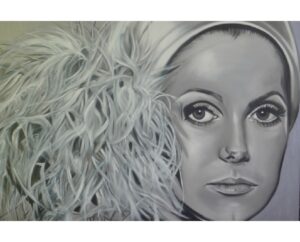 Grey-toned painting of Catherine Deneuve wearing a feathered headwrap, by Kim Parrent