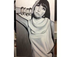Painting of a young Cher with a sleek bob and bangles in a draped white top, by Kim Parrent