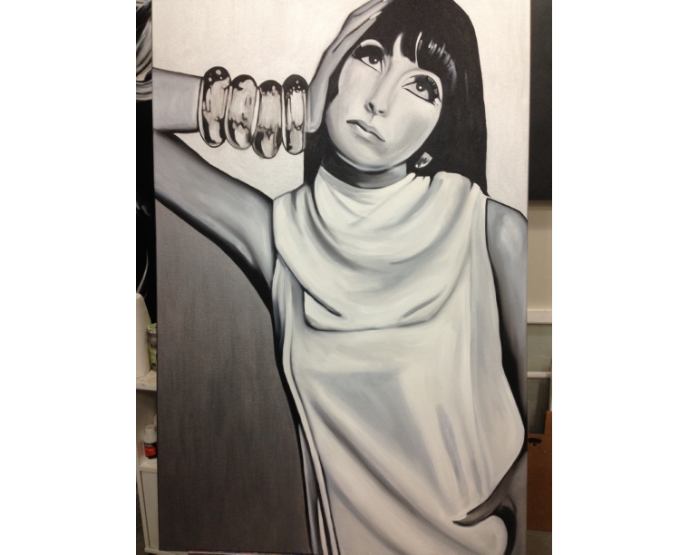 Painting of a young Cher with a sleek bob and bangles in a draped white top, by Kim Parrent