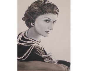 Sepia painting of Coco Chanel wearing ropes of pearls, by Kim Parrent