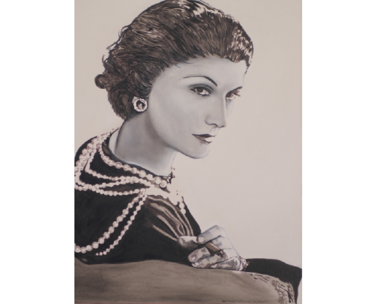Sepia painting of Coco Chanel wearing ropes of pearls, by Kim Parrent