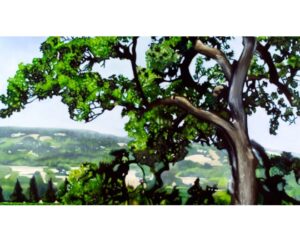 Landscape painting of green hills framed by oak branches at Copain Winery, by Kim Parrent
