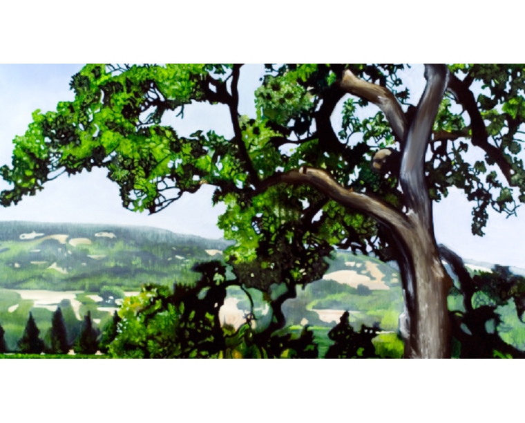 Landscape painting of green hills framed by oak branches at Copain Winery, by Kim Parrent
