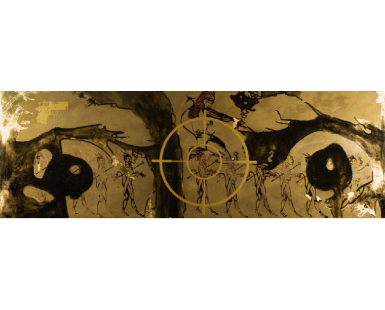 Sepia panoramic painting of eyes behind a crosshair, by Kim Parrent