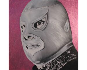 Painting of El Santo in his silver mask, seen in profile against magenta glitter, by Kim Parrent