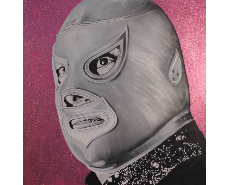 Painting of El Santo in his silver mask, seen in profile against magenta glitter, by Kim Parrent