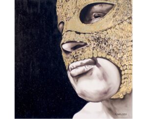 Close-up painting of luchador El Solitario in a gold sequined mask against black, by Kim Parrent