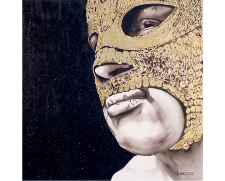 Close-up painting of luchador El Solitario in a gold sequined mask against black, by Kim Parrent