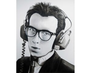 Black and white painting of Elvis Costello in thick glasses and studio headphones, by Kim Parrent