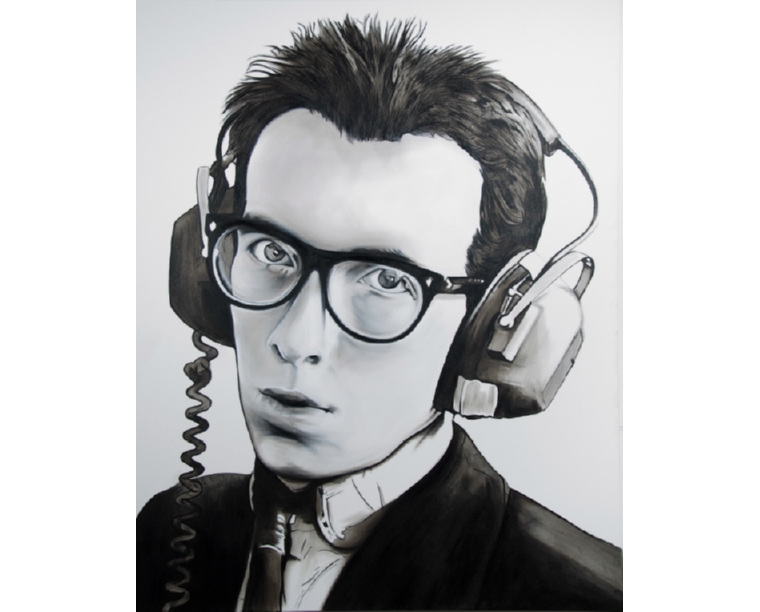 Black and white painting of Elvis Costello in thick glasses and studio headphones, by Kim Parrent