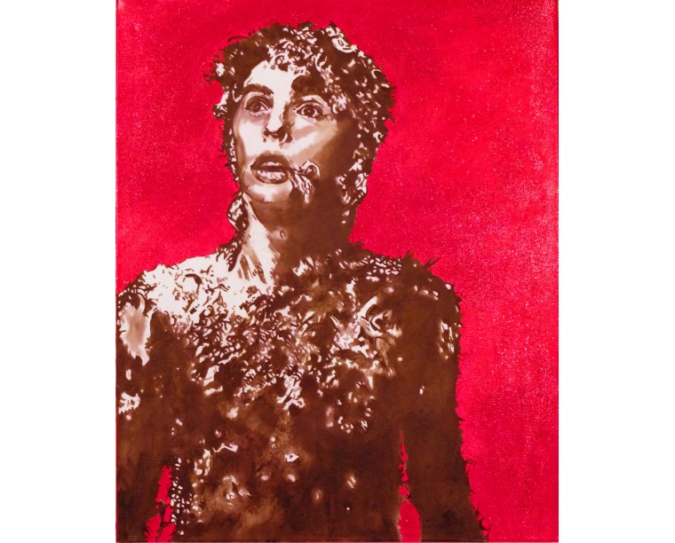Painting of Frank Tovey of Fad Gadget in rust brown textures on a bright red background, by Kim Parrent