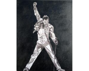 Painting of Freddie Mercury with his fist raised holding a microphone stand, in silver on black, by Kim Parrent