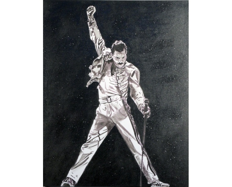 Painting of Freddie Mercury with his fist raised holding a microphone stand, in silver on black, by Kim Parrent