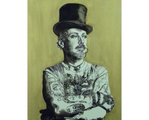 Painting of Boy George in a top hat with tattooed crossed arms on an olive green background, by Kim Parrent