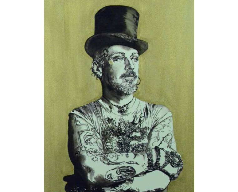 Painting of Boy George in a top hat with tattooed crossed arms on an olive green background, by Kim Parrent