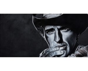 Painting of James Dean as Jett Rink from the film Giant in a cowboy hat, by Kim Parrent