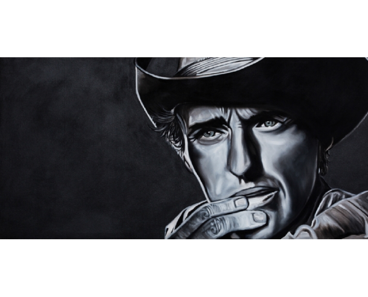 Painting of James Dean as Jett Rink from the film Giant in a cowboy hat, by Kim Parrent
