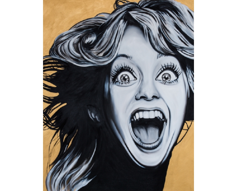 Painting of Goldie Hawn laughing against a warm gold background, by Kim Parrent